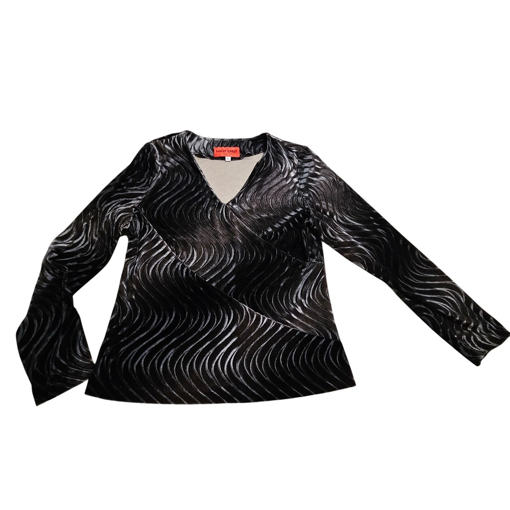 Krazy Larry‎ V-Neck Top Large Black Wavy Textured Velvet Long Sleeve Faux Wrap